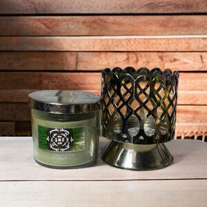 Slatkin & Co Unlit Evergreen Scented Candle & Silver Teardrop Pedestal Candle Ho